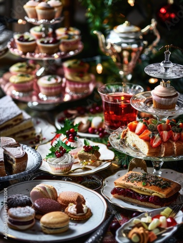 Table full of desserts and drinks with a Christmas theme. The table is decorated with a Christmas tree and other festive decorations