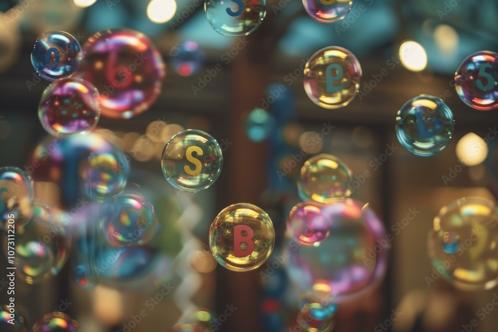 Naklejka premium Soap bubbles are floating in the air with letters inside representing vitamins and minerals