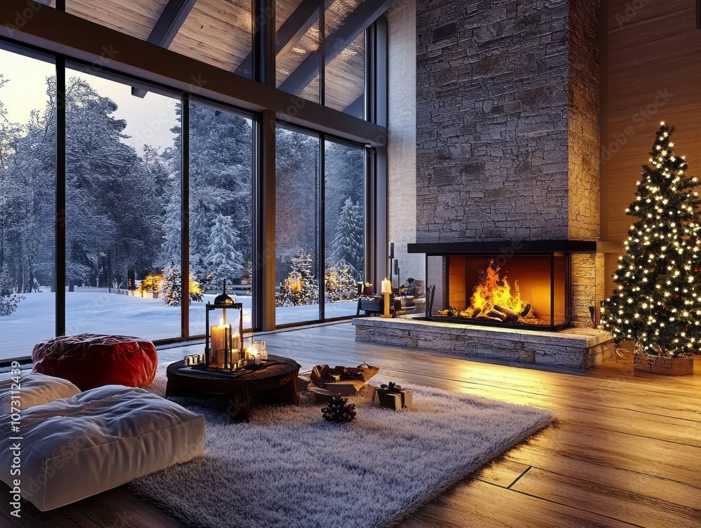 Fototapeta premium Cozy Living Room with Fireplace, Christmas Tree, and Winter View