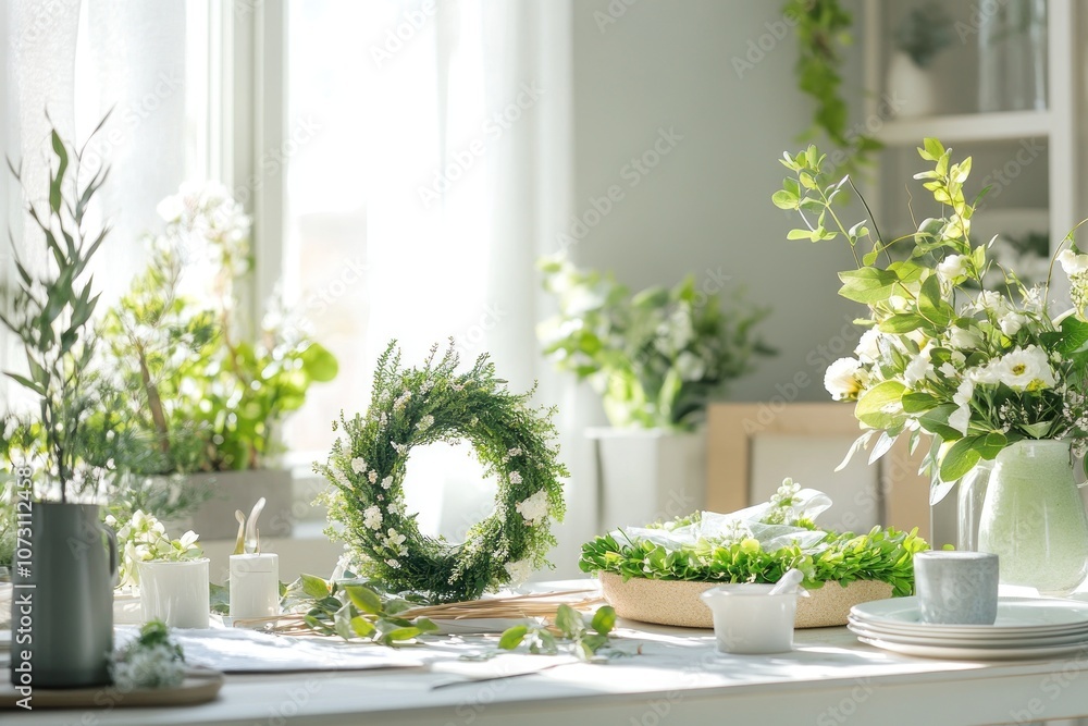 A wreath of white flowers sits on a white table, surrounded by green plants, a vase of flowers, and other table decorations. A wreath of white flowers sits on a white table, surrounded by green plants, a vase of flowers, and other table decorations.