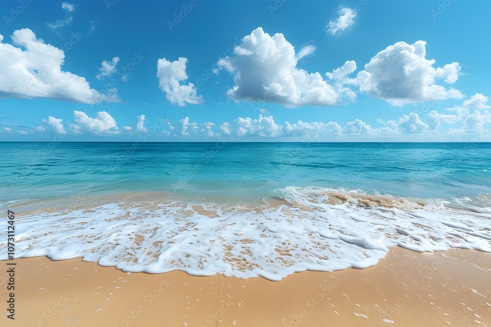 Tranquil Beach with Gentle Waves Under a Bright Blue Sky for Summer Vacation Tranquil Beach with Gentle Waves Under a Bright Blue Sky for Summer Vacation