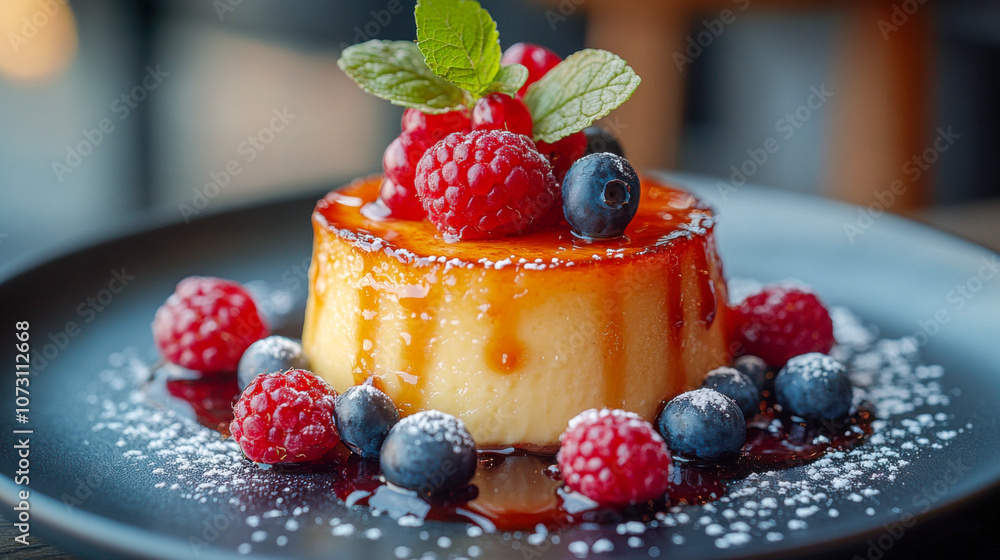 Elegant caramel flan garnished with fresh berries and mint on a black plate Elegant caramel flan garnished with fresh berries and mint on a black plate