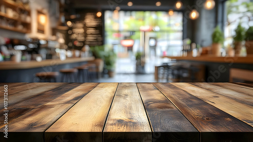 Wooden Table Top with Blurred Cafe Background - Illustration