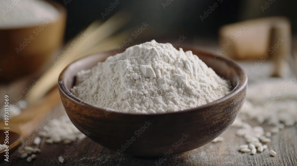 Flour in a bowl, commonly used in baking and cooking. Flour in a bowl, commonly used in baking and cooking.