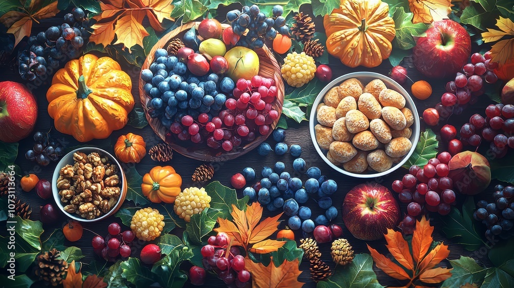 A vibrant arrangement of various fruits, nuts, and colorful decorations, showcasing the beauty of autumn harvest in a rich, natural setting. A vibrant arrangement of various fruits, nuts, and colorful decorations, showcasing the beauty of autumn harvest in a rich, natural setting.