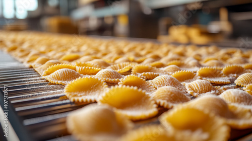 Close-up of ravioli on a pasta production line in an industrial kitchen