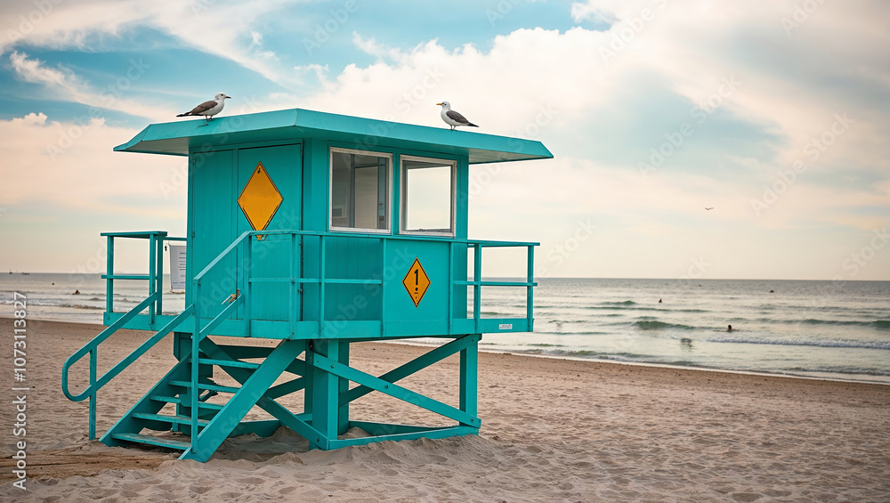Lifeguard tower on sandy beach with calm ocean and sky view. Lifeguard tower on sandy beach with calm ocean and sky view.