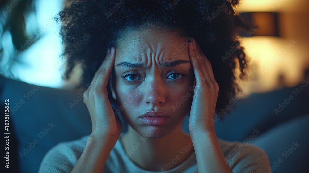 a woman holding her temples, her face expressing pain from a severe headache a woman holding her temples, her face expressing pain from a severe headache