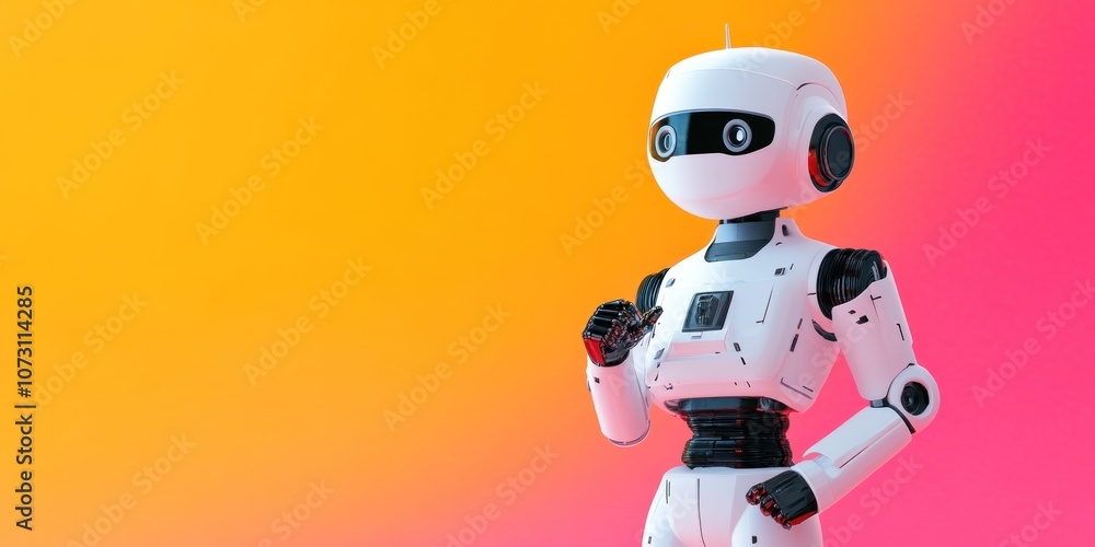 White Robot Thinking Against Colorful Background White Robot Thinking Against Colorful Background