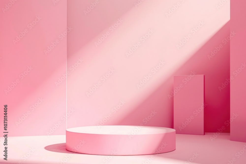 The room is filled with a soft pink color, creating a warm and inviting atmosphere. A pink pedestal is placed in the center of the room, drawing attention to its unique design. The room is empty The room is filled with a soft pink color, creating a warm and inviting atmosphere. A pink pedestal is placed in the center of the room, drawing attention to its unique design. The room is empty