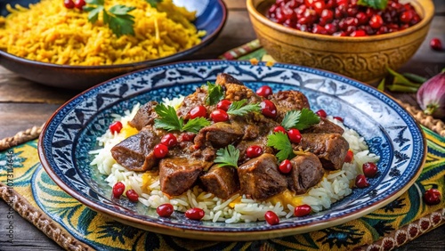 A Persian khoresh (stew) with saffron rice, braised beef, and pomegranate, served on a decorative plate with a side of yogurt photo