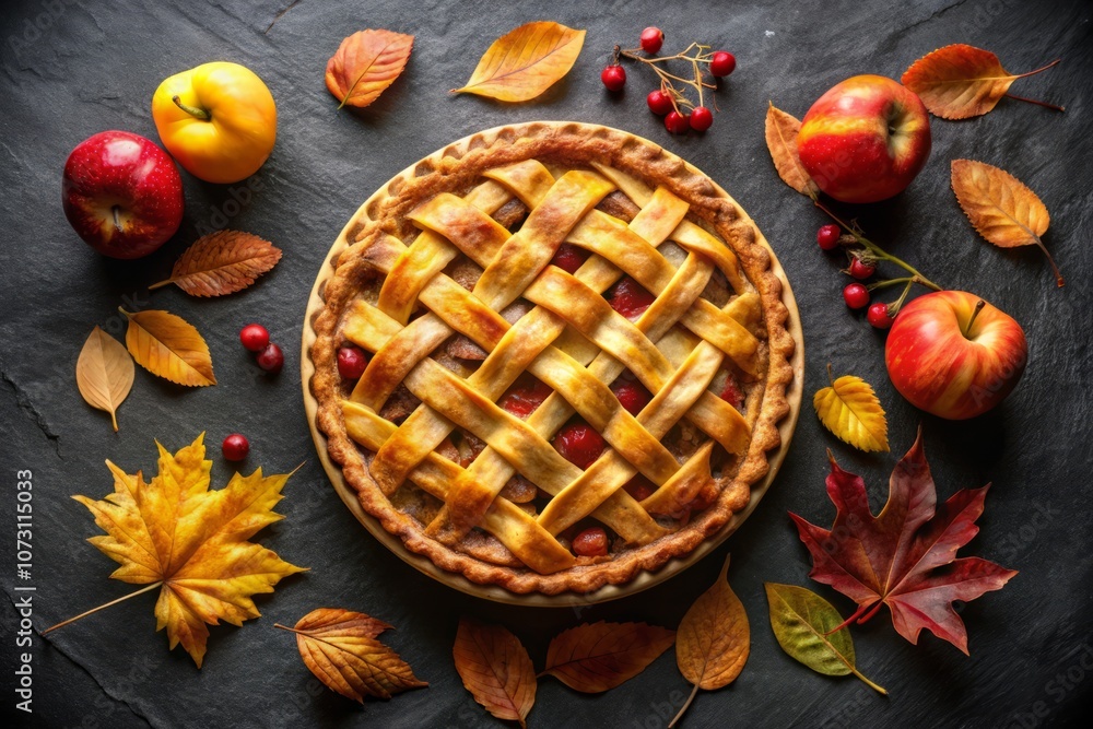 Aerial View of a Rustic Apple Pie Surrounded by Autumn Leaves, Fresh Apples, and Ears of Corn on a Black Slate Background for Seasonal Culinary Inspiration Aerial View of a Rustic Apple Pie Surrounded by Autumn Leaves, Fresh Apples, and Ears of Corn on a Black Slate Background for Seasonal Culinary Inspiration