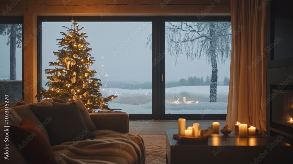 Cozy Winter Living Room with a Christmas Tree and a View of a Snowy Landscape Cozy Winter Living Room with a Christmas Tree and a View of a Snowy Landscape