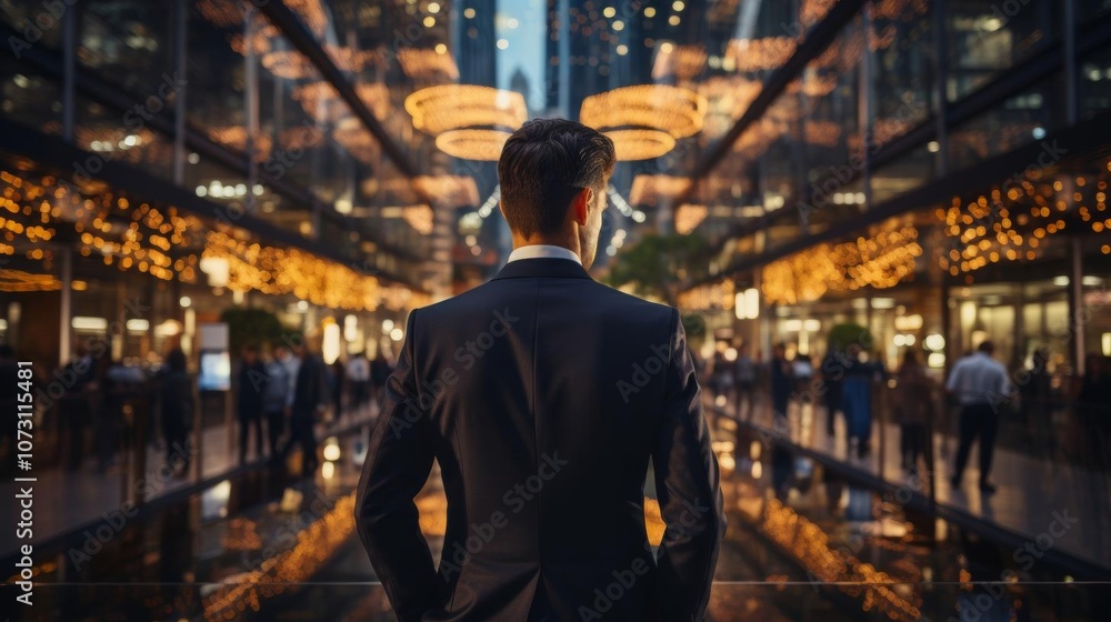 A man in a suit stands in a busy city street, looking up at the sky A man in a suit stands in a busy city street, looking up at the sky