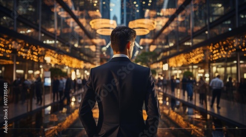 A man in a suit stands in a busy city street, looking up at the sky