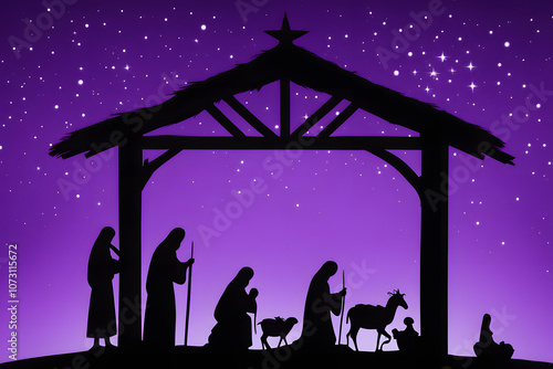 The nativity scene in silhouette with an intense violet and lavender background, Ai Generated