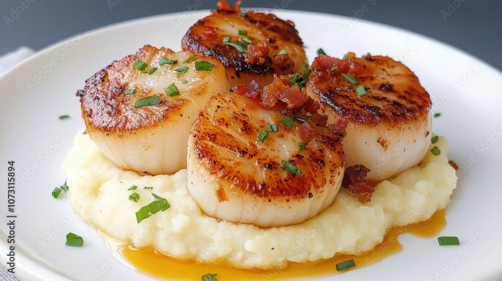 Crisp seared scallops paired with savory mashed potatoes and sprinkled with bacon bits, garnished with fresh chives for flavor.
Crisp seared scallops paired with savory mashed potatoes and sprinkled with bacon bits, garnished with fresh chives for flavor.