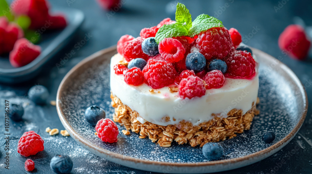 Fresh berry dessert with granola and yogurt on a ceramic plate Fresh berry dessert with granola and yogurt on a ceramic plate