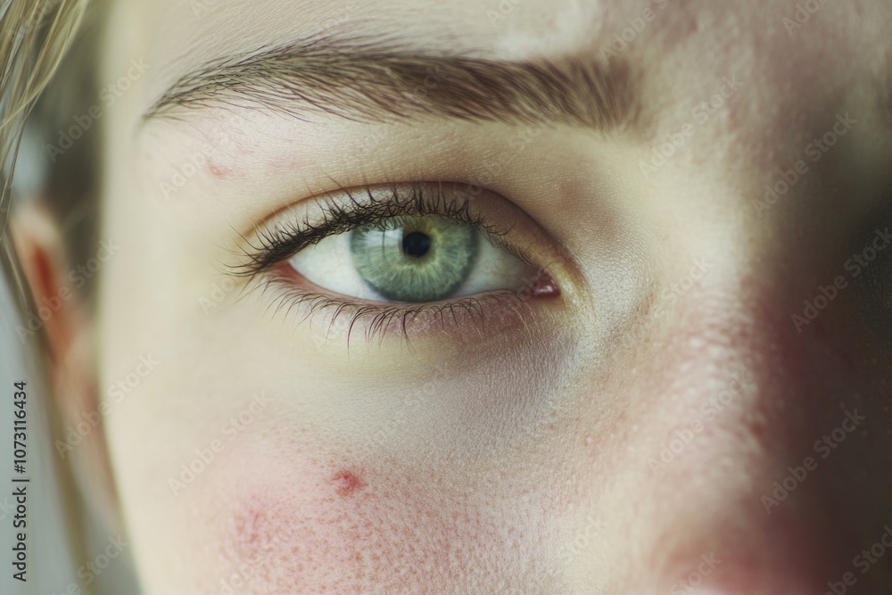 Obraz premium A close-up of a woman's face, highlighting acne and blemishes on her skin.