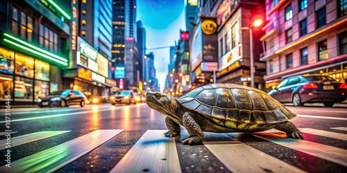 A Turtle's Journey: Crossing a Busy City Street Amidst Urban Chaos and Bright Lights, Highlighting the Striking Contrast Between Nature and City Life in Candid Photography