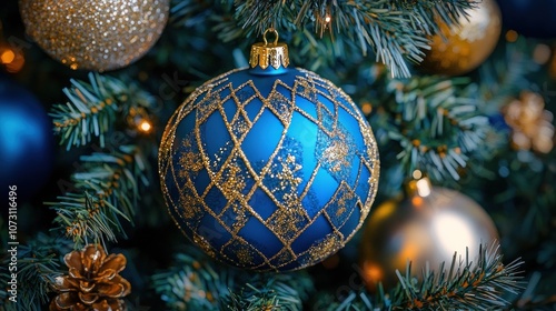 Blue Ornament with Gold Sparkle on Christmas Tree