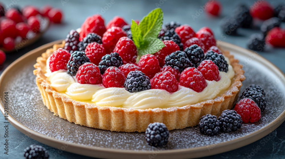 Fresh berry tart dessert with raspberries and blackberries on a dusted plate Fresh berry tart dessert with raspberries and blackberries on a dusted plate