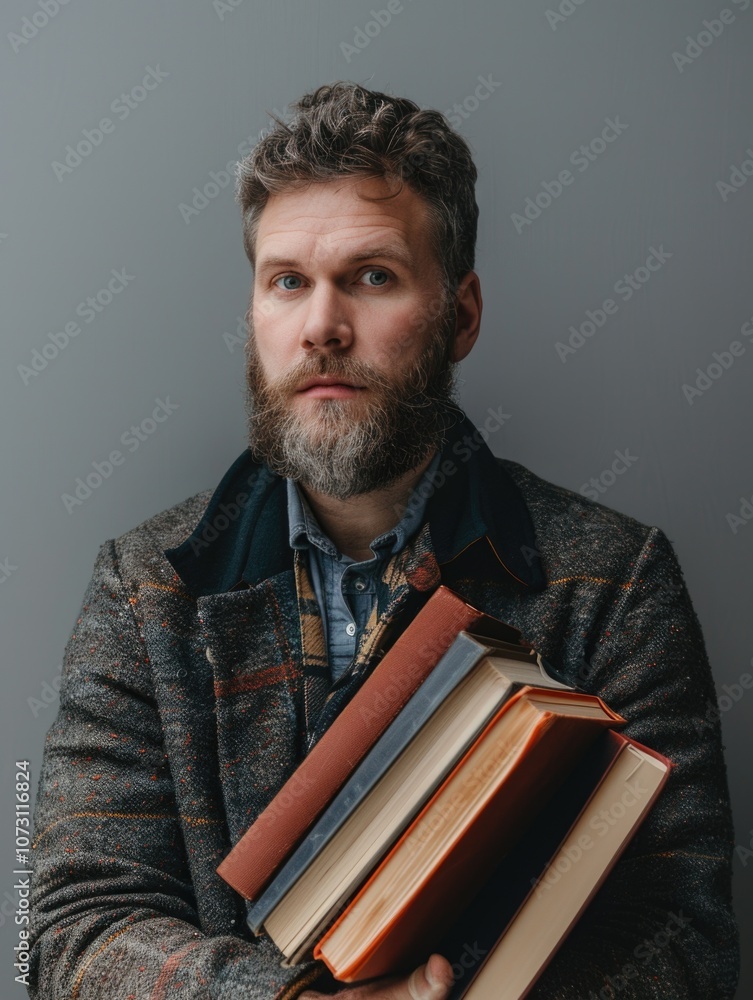 Man with beard holding books, conveying a sense of scholarly or academic pursuits. Man with beard holding books, conveying a sense of scholarly or academic pursuits.