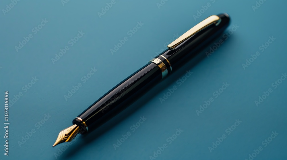 A black and gold fountain pen on a blue background. A black and gold fountain pen on a blue background.