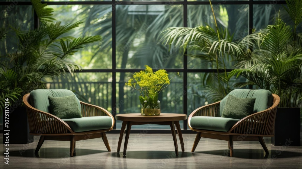 Fototapeta premium A green chair and a green table are placed in front of a large window