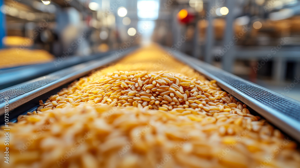Conveyor belt transporting raw pasta in industrial factory setting, close-up view Conveyor belt transporting raw pasta in industrial factory setting, close-up view