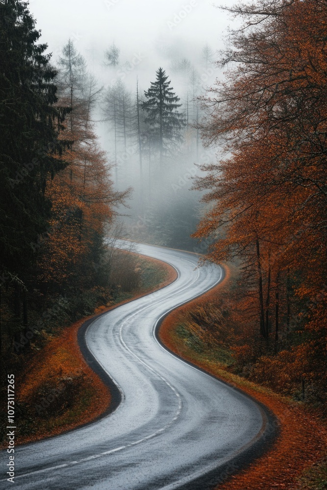 Fototapeta premium A winding country road through a dense forest with fall colors, creating an atmospheric and picturesque autumnal drive.