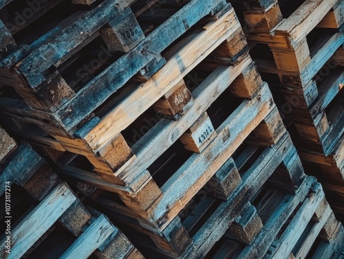 A collection of used stacked pallets, potentially awaiting recycling or repurposing. photo