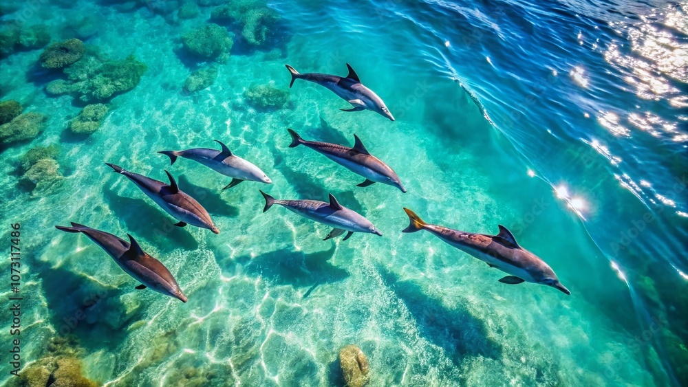 Fototapeta premium Stunning Aerial View of Dolphins Swimming in Crystal Clear Waters with Watercolor Effects and Vibrant Ocean Colors Captured by Drone Photography