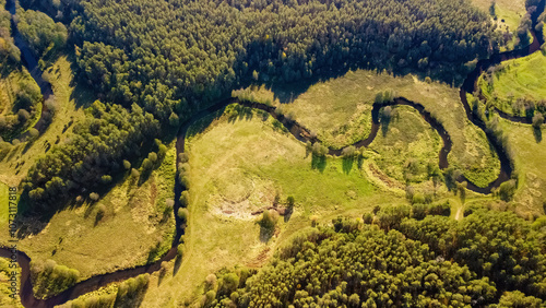 The tributary of the river Salcia to the river Merkys, Lithuania, Valkininkai. View from above photo