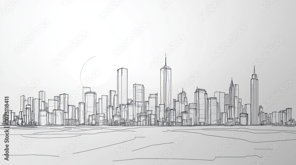 A simple line drawing of a city skyline with skyscrapers and buildings against a white background. A simple line drawing of a city skyline with skyscrapers and buildings against a white background.