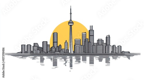 Wallpaper Mural A stylized skyline of Toronto with a yellow sun behind the CN Tower and reflection in water. Torontodigital.ca