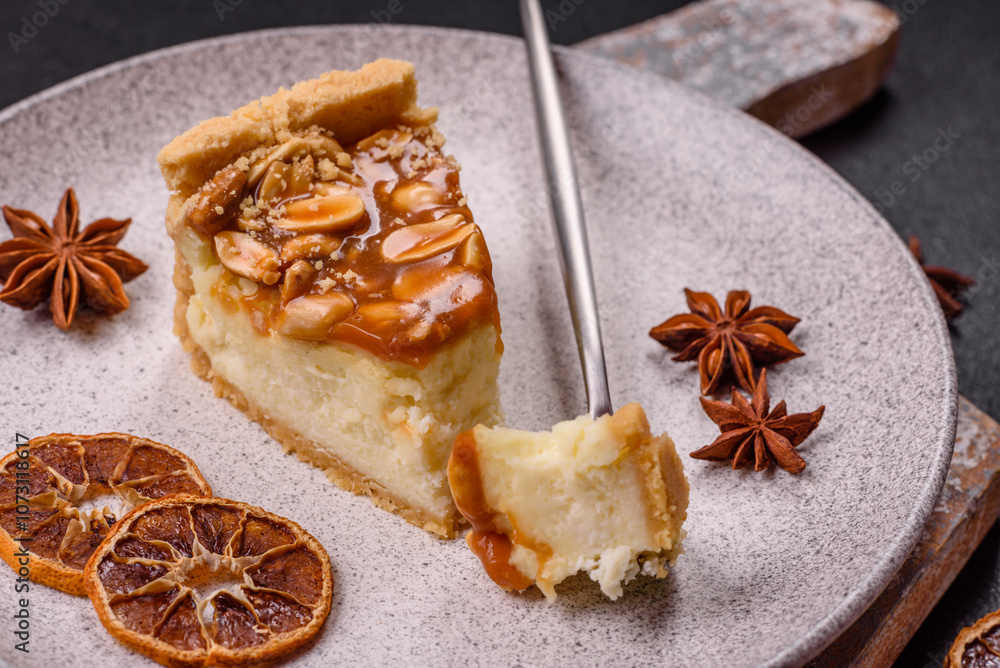 Delicious fresh cheesecake caramel peanut cake with cream and nuts on a ceramic plate on a dark concrete background Delicious fresh cheesecake caramel peanut cake with cream and nuts on a ceramic plate on a dark concrete background