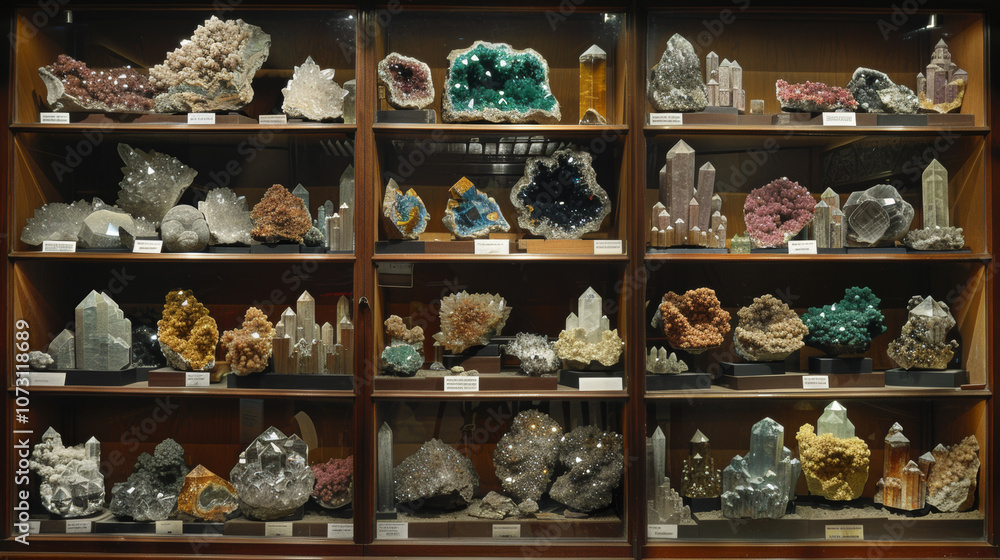 Collecton of minerals in the museum showcase Collecton of minerals in the museum showcase