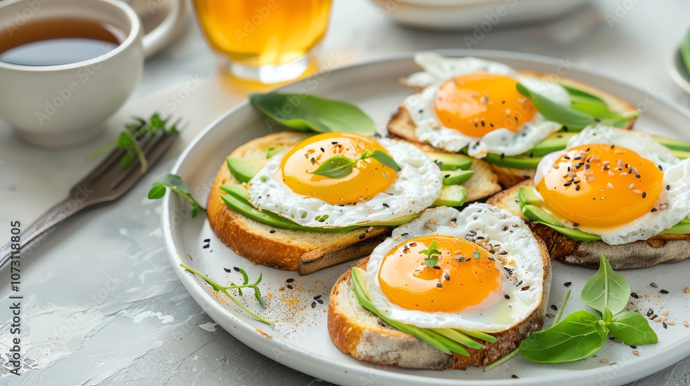 Four slices of avocado toast topped with fried eggs, on a plate. Four slices of avocado toast topped with fried eggs, on a plate.
