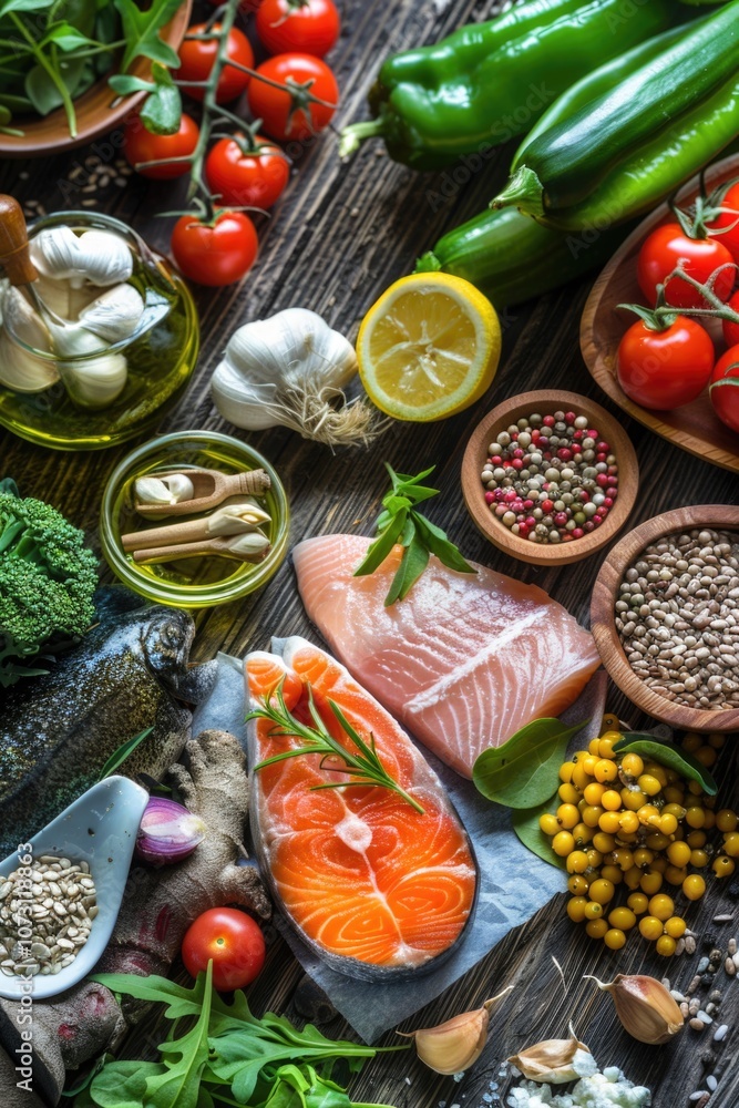 Vibrant colors and diverse ingredients, from fruits to fish. Nutritious choices for a balanced diet. Vibrant colors and diverse ingredients, from fruits to fish. Nutritious choices for a balanced diet.