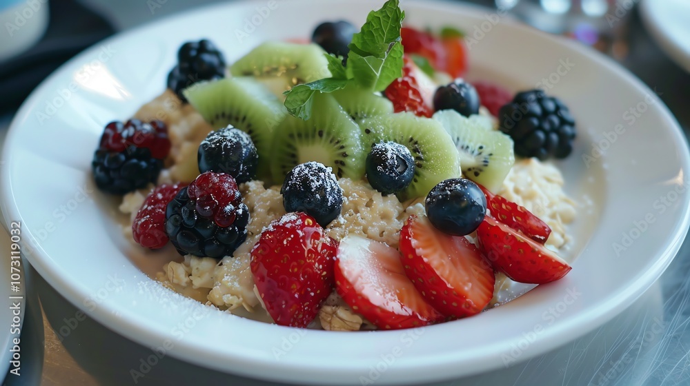 A bowl of oatmeal with fresh fruit, including strawberries, blueberries, blackberries, kiwi, and a sprig of mint. A bowl of oatmeal with fresh fruit, including strawberries, blueberries, blackberries, kiwi, and a sprig of mint.