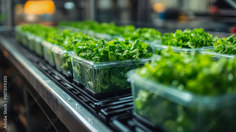 Fresh lettuce leaves in clear plastic containers on assembly line at sustainable farm Fresh lettuce leaves in clear plastic containers on assembly line at sustainable farm