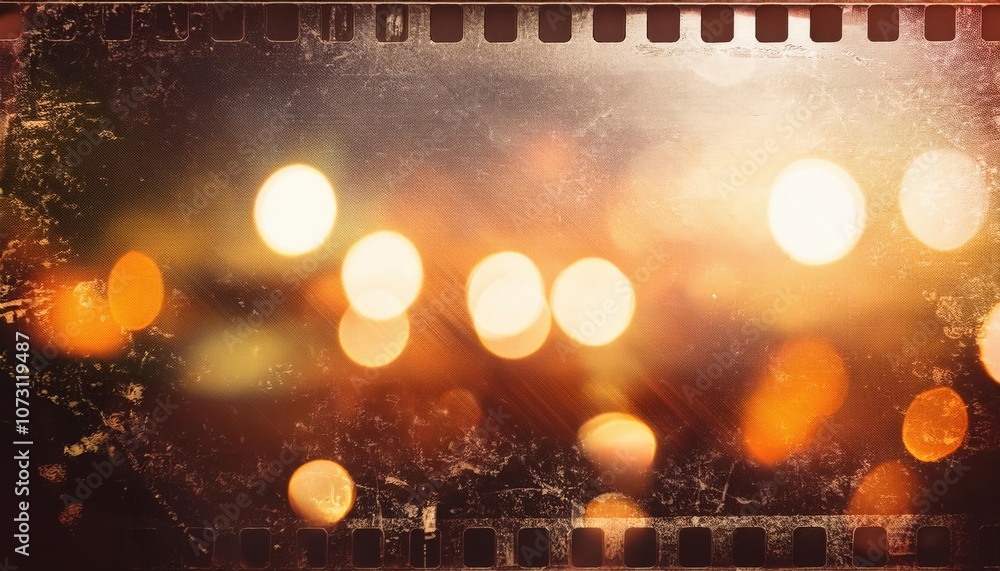 Fototapeta premium Vintage Film Strip Bokeh Background with Blurred Warm and Cool Light Spots, Grunge Texture Overlay, and Faded Film Grain Effect. Ideal for Nostalgic, Cinematic, or Retro Themed Projects