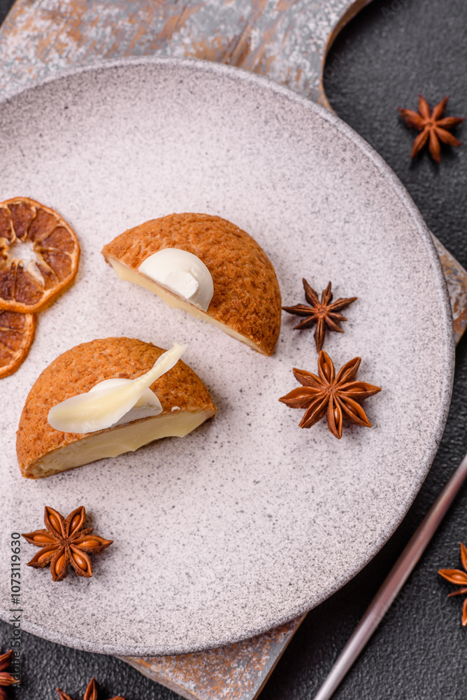 Delicious sweet shu cake with cream and nuts Delicious sweet shu cake with cream and nuts