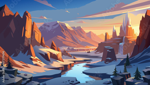 world of warcraft concept art, iceland landscape , canyon, snow , dawn 