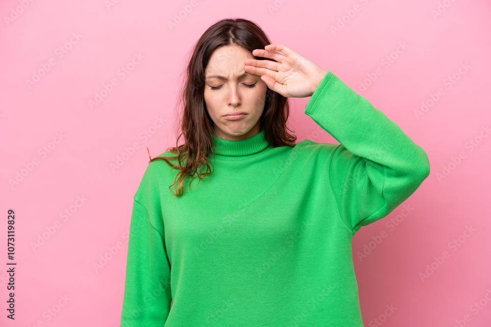 Young caucasian woman isolated on pink background with tired and sick expression Young caucasian woman isolated on pink background with tired and sick expression