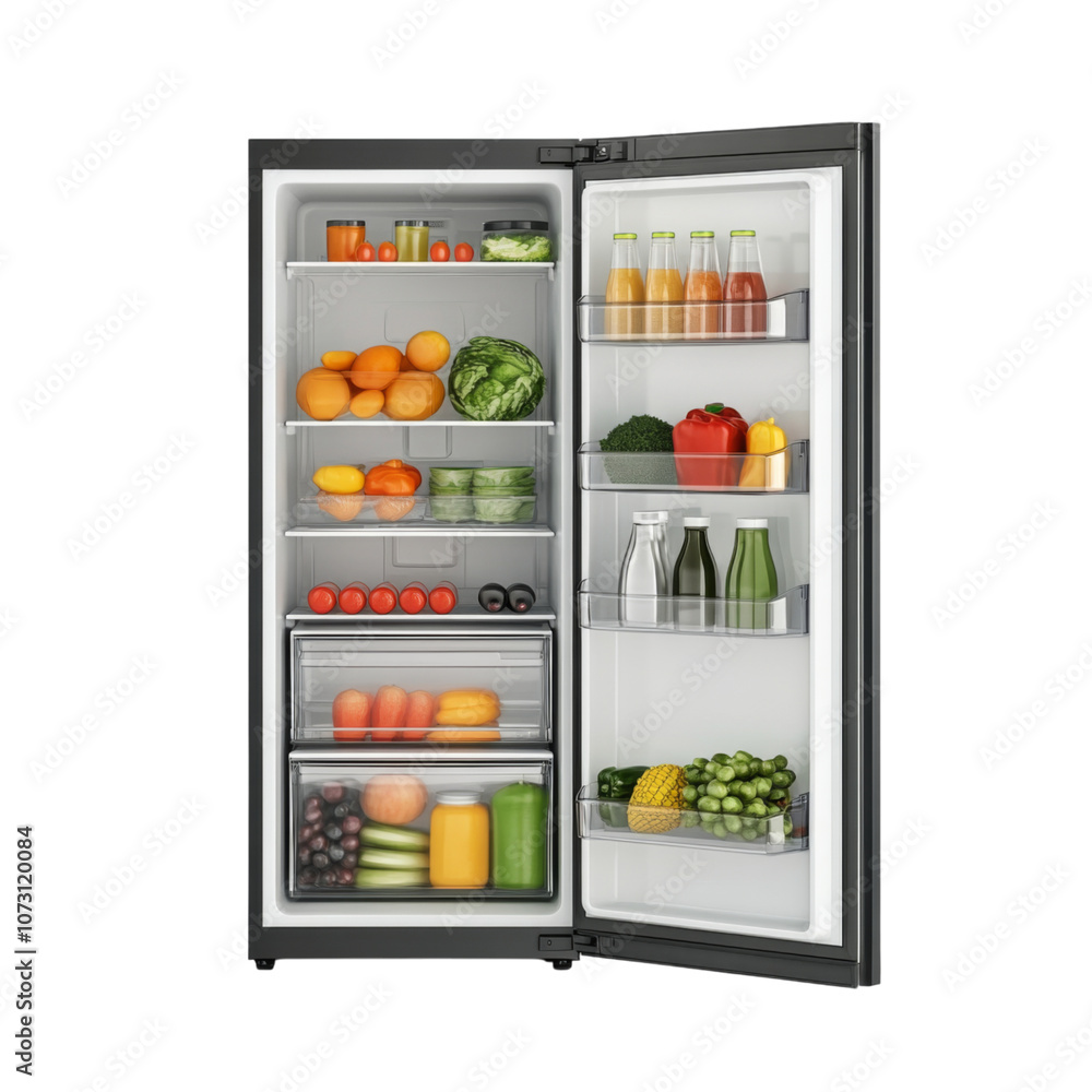 A refrigerator is open a variety of fruits and vegetables isolated on white background. PNG Transparent A refrigerator is open a variety of fruits and vegetables isolated on white background. PNG Transparent