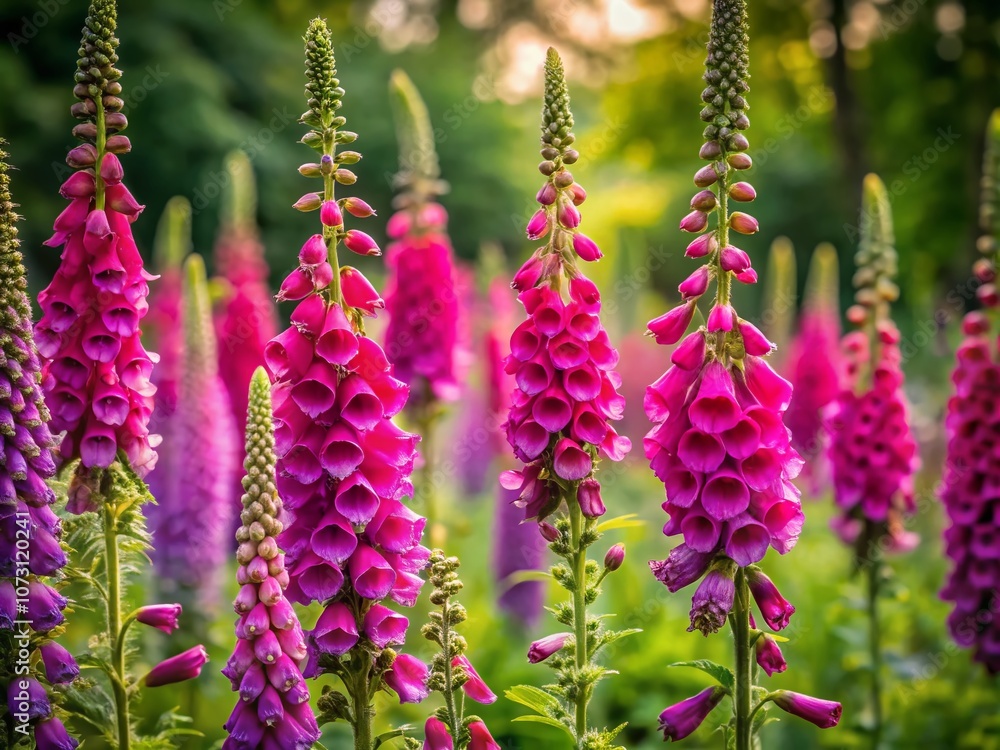 Stunning Long Exposure Capture of Vibrant Red Foxglove Plants in a Blooming Garden, Showcasing Nature's Beauty with Purple Flowers and Wildflower Details Stunning Long Exposure Capture of Vibrant Red Foxglove Plants in a Blooming Garden, Showcasing Nature's Beauty with Purple Flowers and Wildflower Details