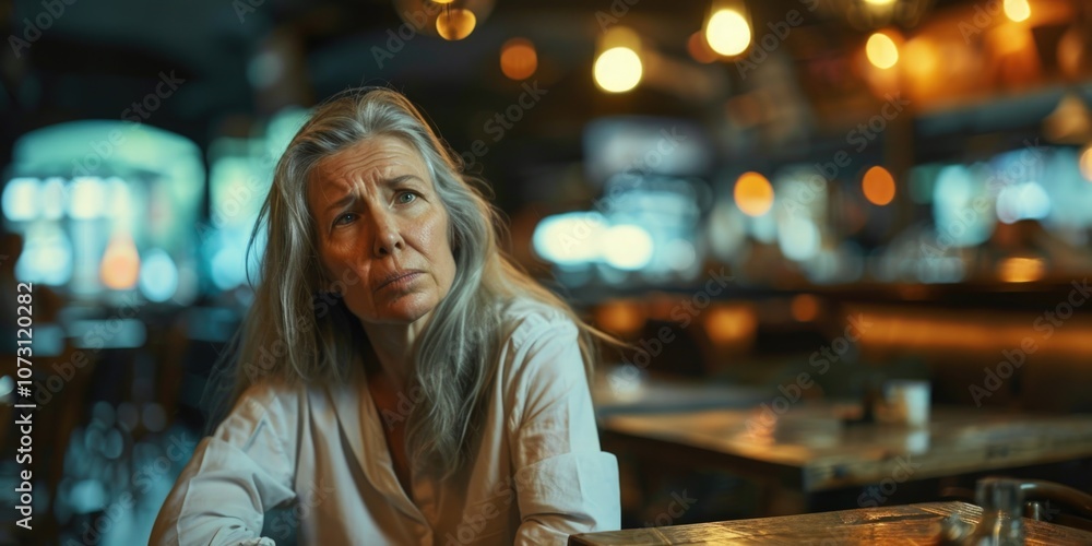 A woman in a bar, pondering the evening. A woman in a bar, pondering the evening.