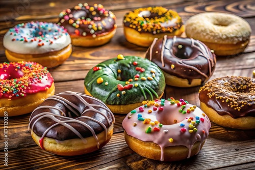 Colorful Assortment of Donuts Artfully Arranged on a Rustic Wooden Surface, Showcasing a Variety of Flavors and Toppings Perfect for Dessert Lovers and Food Photography Enthusiasts